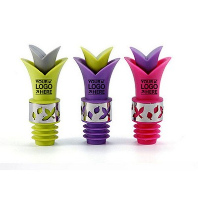 Silicone Wine Bottle Stopper Pourer w/Stainless Steel Accent Flower